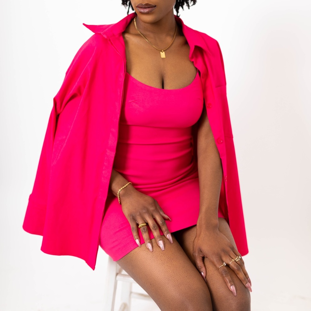 Pink Tailored Mini Dress Set with Oversized Structured Shirt - S -